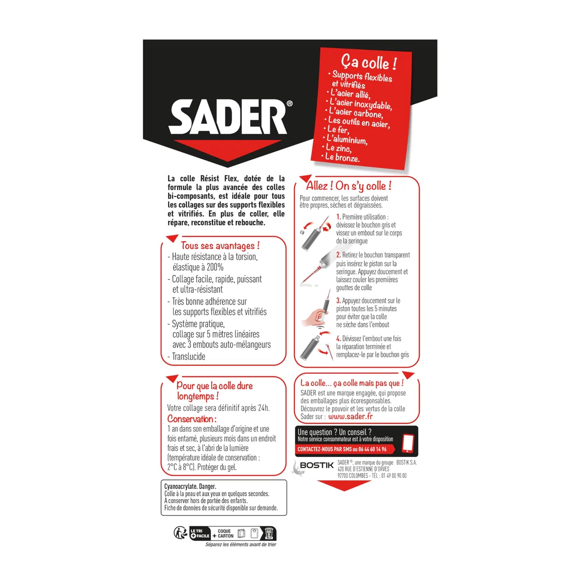 Sader Resist Flex – Colle Bi-Composants – Colle de Réparation Tout Support – Intérieur/Extérieur – Couleur : Translucide – 1 Seringue de 10 g (+ 3 embouts mélangeurs)