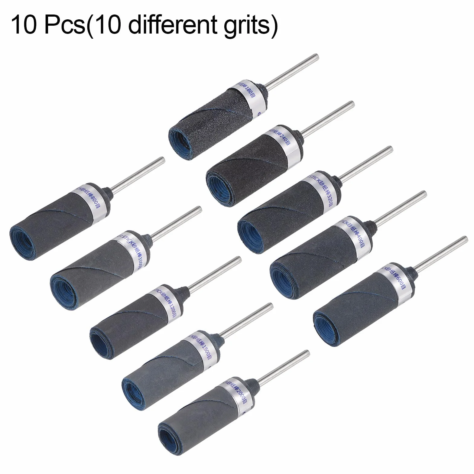 QUARKZMAN Kit de 10 Rouleaux de Papier Abrasif Grain 180-2000, Tige de 2,35 mm, Manchons de Tambour de Ponçage, Tête de Meulage Cylindrique Pour Le Travail Du Bois Verre Polissage Métaux