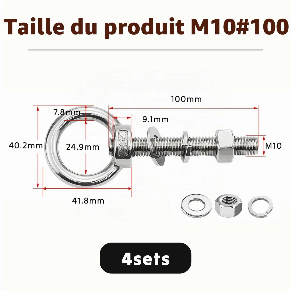 4pcs Piton À Visser M10 Anneau De Levage M10 Crochet À Œil En Acier Inoxydable Charge Lourde Pour Suspension Hamac Chaise Suspendue Balançoire Fixation (Vis à œillet machine – M10 x 100 mm)