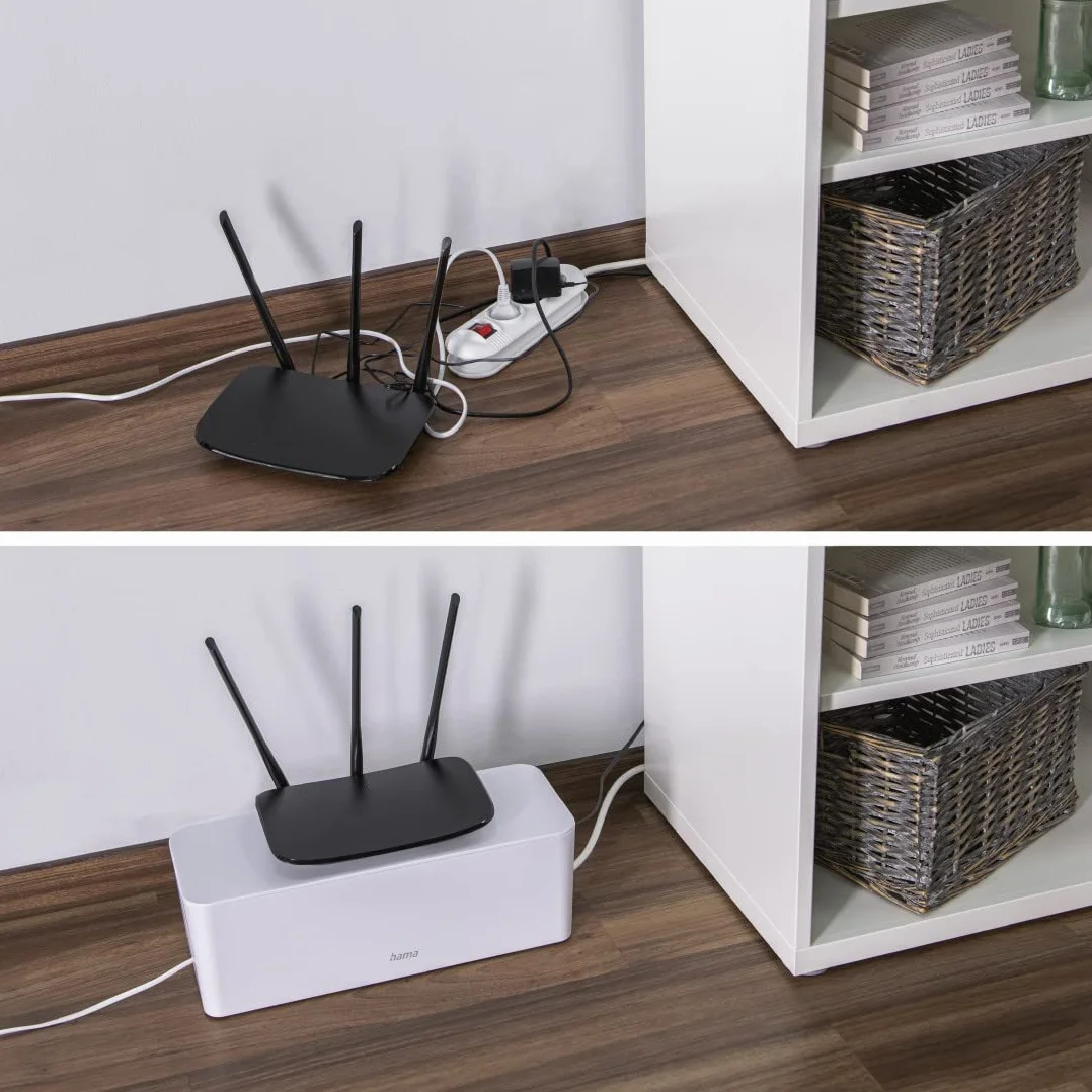 Hama Boîte pour câbles "Maxi" (Boite Rangement pour cables chargeurs et multiprises, boitier cache câbles 40x15,5x13,5cm, pieds en caoutchouc) Blanc 20662