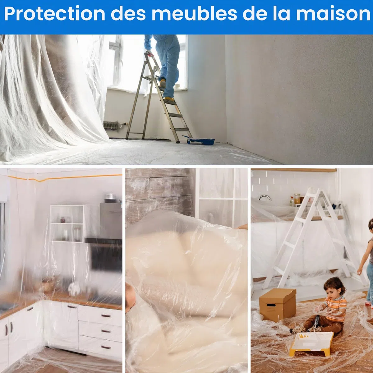 TAPEBEAR Masker Avec Ruban De Masquage, 550mm x 27M Transparente Film Peinture, Ruban Adhésif De Masquage Avec Bâche De Protection En Plastique Pour Protection Sol Meubles, Lot De 3