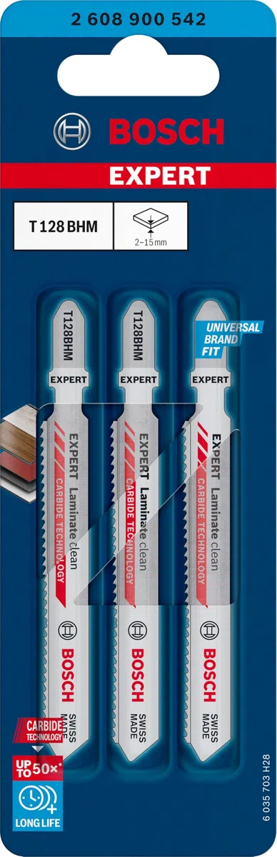 Bosch Accessories Professional 3x Lames de scie sauteuse Expert ‘Laminate Clean’ T 128 BHM (pour Vinyle stratifié solide, PVC, HPL, Longueur 92 mm, Accessoire Scie sauteuse)