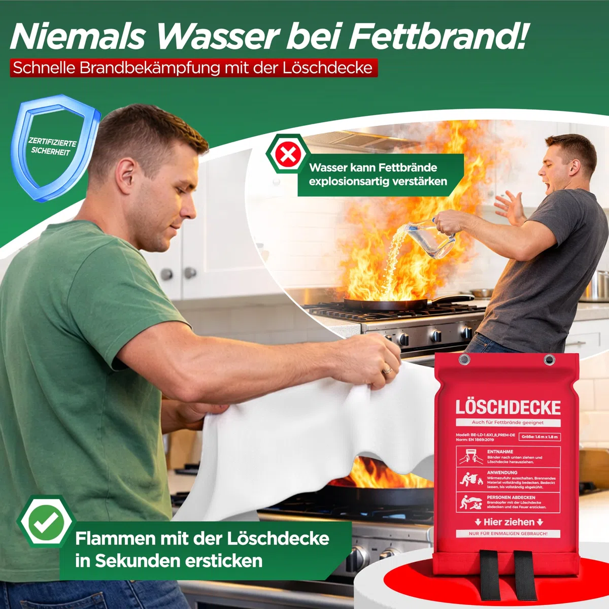 Brandengel Couverture anti-feu de qualité supérieure - 1 x 1 m - DIN EN 1869:2001 - Convient également pour feux de graisse, feux de graisse, cuisine - 100 x 100 cm