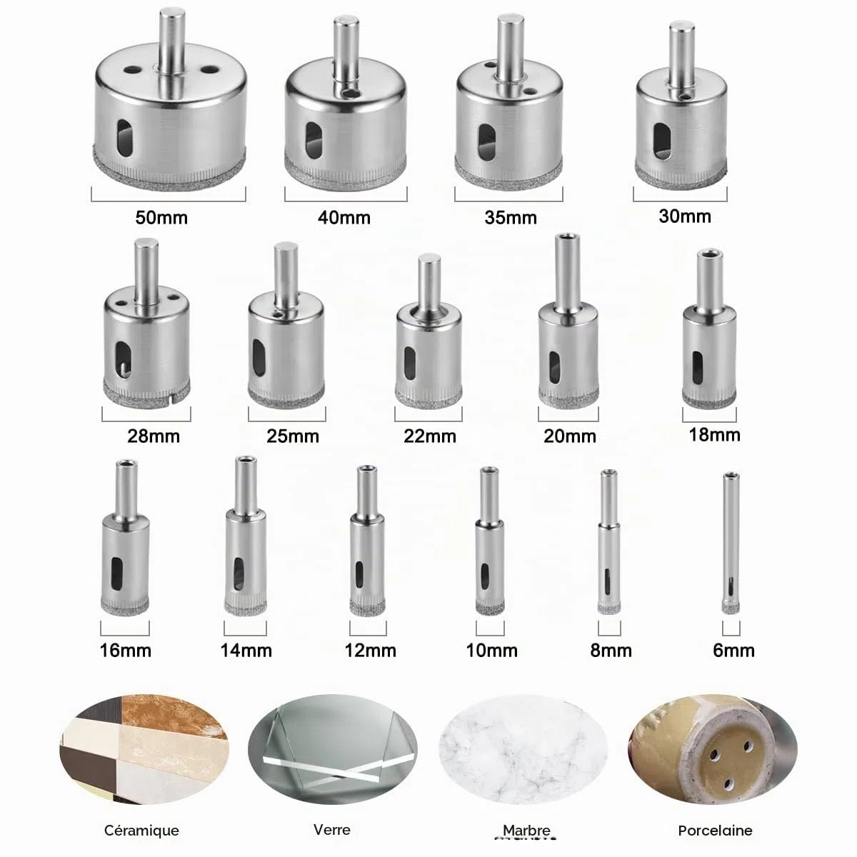 flintronic Foret de Diamant, 15 Pièces Scie Cloches Outils Set, Scie Cloche Carrelage pour Verre/Carrelage/Céramique/Marbre/Porcelaine Acier Au Carbone 8mm-50mm