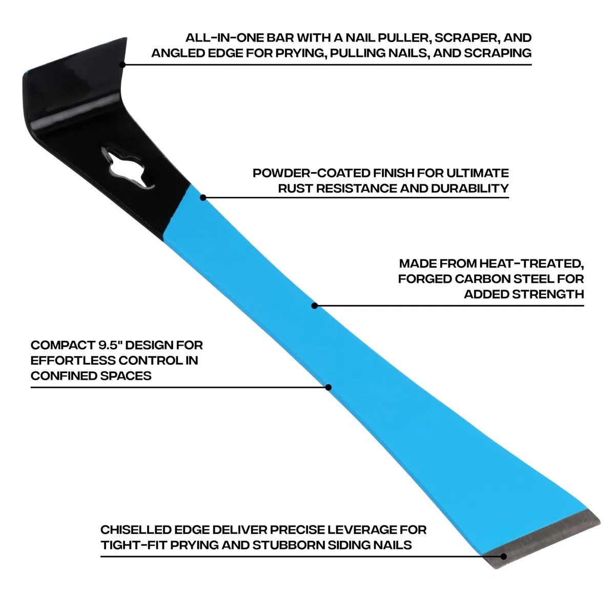 OX Pro Handy Bar 240 mm, levier en acier forgé robuste avec extracteur de clous, grattoir et bord ciselé pour démolition, retrait de garniture et levier de précision – OX-P095401