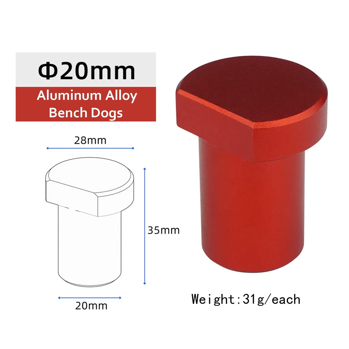 Lot de 6 inserts de frein pour chiens de banc en alliage d'aluminium pour trous de chien de 20 mm, essentiel pour le travail du bois (20 mm, rouge)