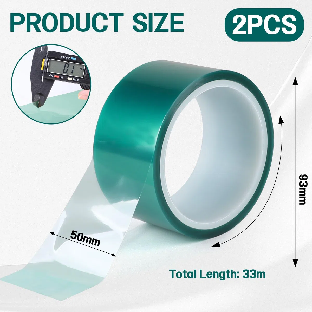 EXLECO 2Pcs Ruban Adhésif Haute Température 50mmx33m, Kapton Tape Vert, PET-Rubans Résistant à la Chaleur pour Imprimante Sublimation, Electronique Soudure, Masquage, Carte de Circuit Imprimé Isolant