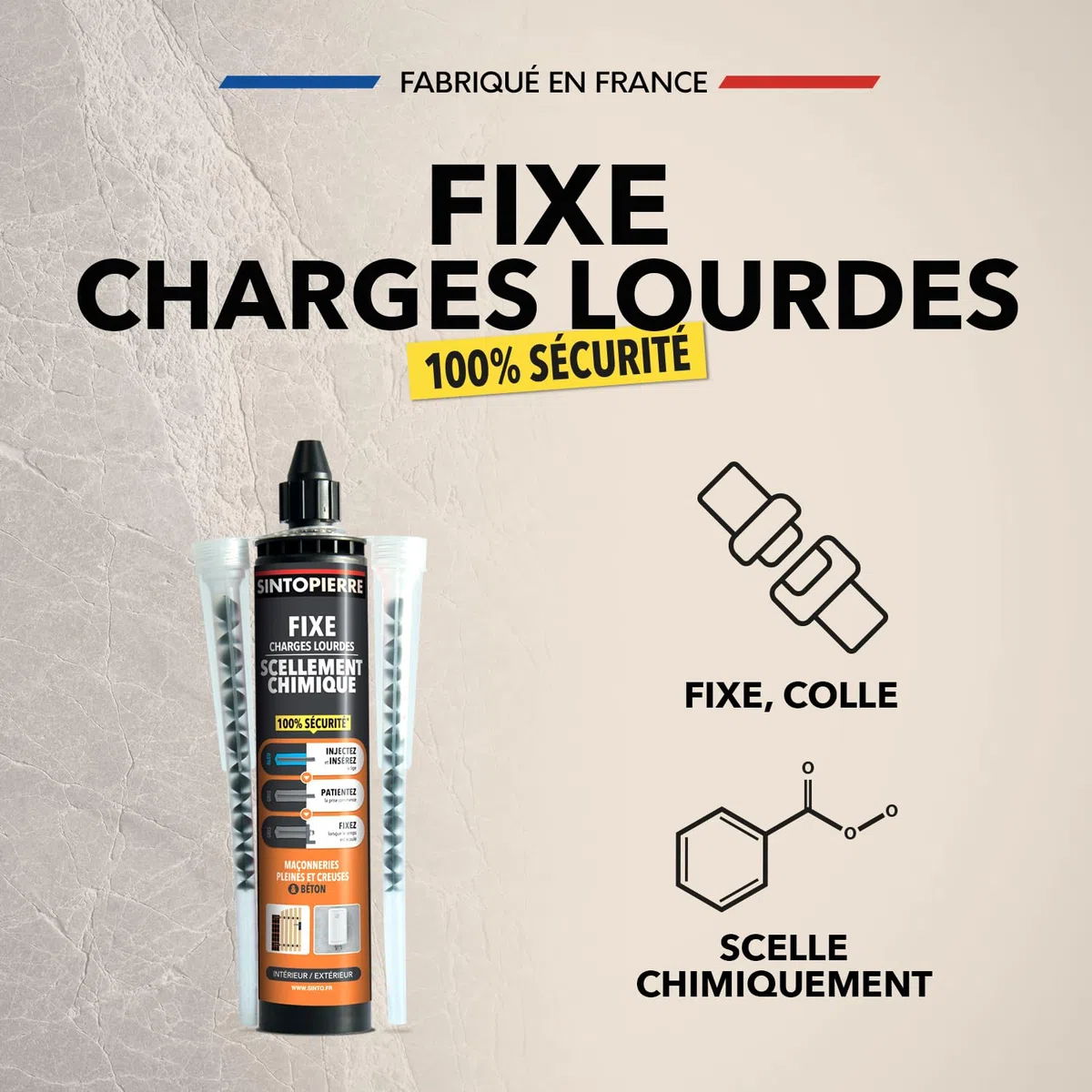 SINTO Scellement chimique 300ml | Fixe et scelle les charges lourdes, pierre matériaux creux et pleins, simple d'utilisation, témoin de pose, béton et brique