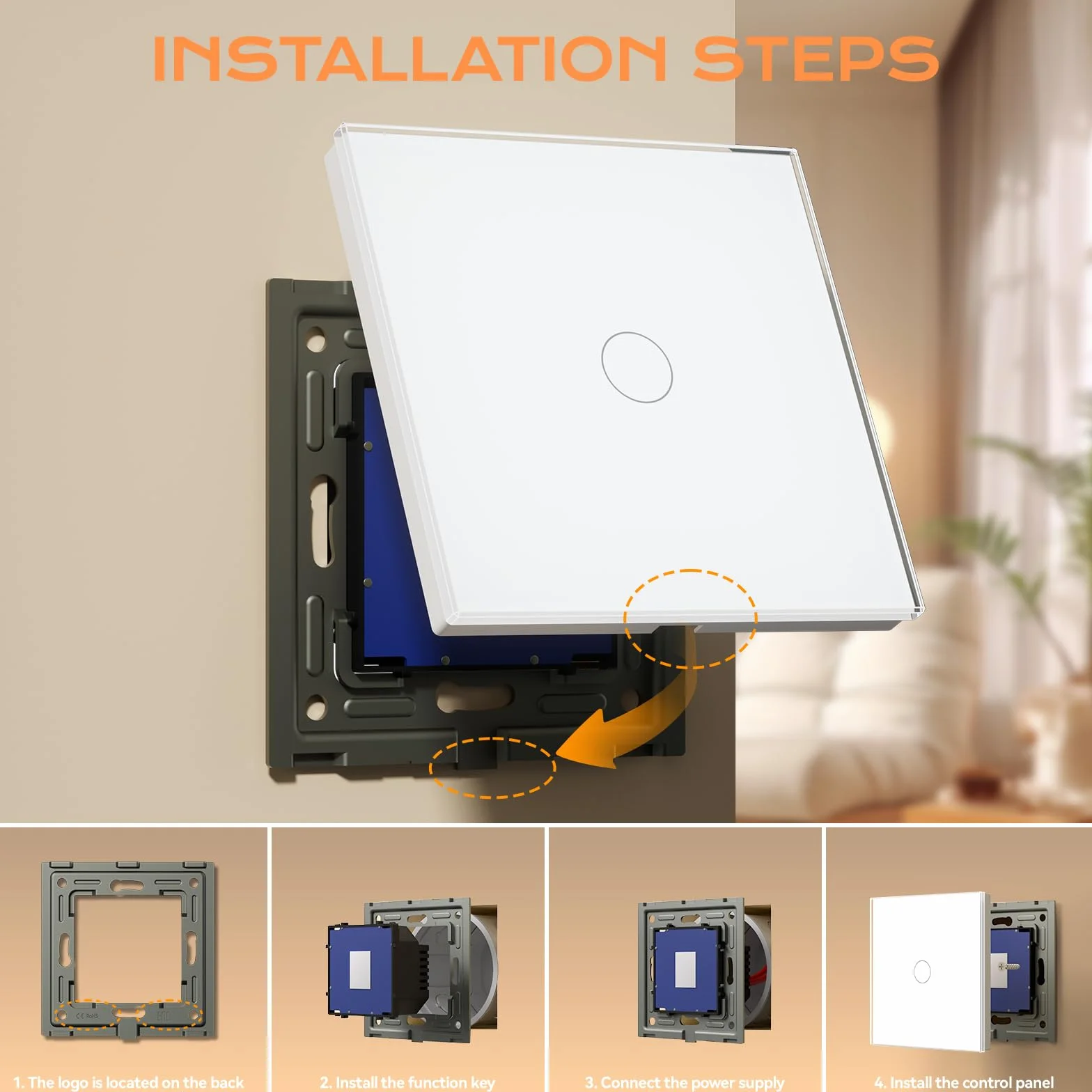 BSEED Interrupteur Tactile Normal Commutateur d'éclairage Mural Compatible avec la lumière LED Écran Tactile en Verre 110V-240V Plaque de Cristal Trempé avec Rétroéclairage Bouton 1 Gang 1 Voie Blanc