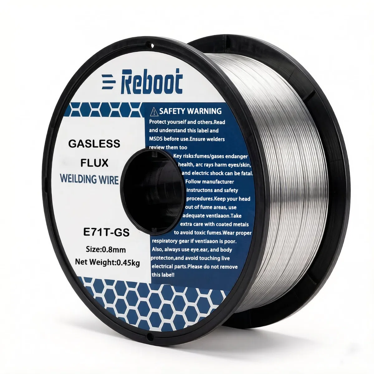 Reboot Fil Fourré Sans Gaz 0,8 mm E71T-GS – Flux Auto-protégé pour MIG/MAG, Faible Projections, Toutes Positions & Extérieur, 0,45 kg