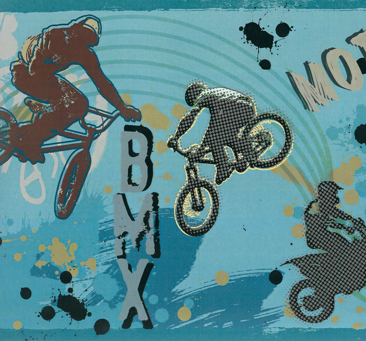 Dundee Deco BD6294 Frise de Papier Peint, Frise Murale, Bordure de papier peint précollé Motif motos sportives Bleu vert, jaune Taille rétro 4,57 m x 20,32 cm