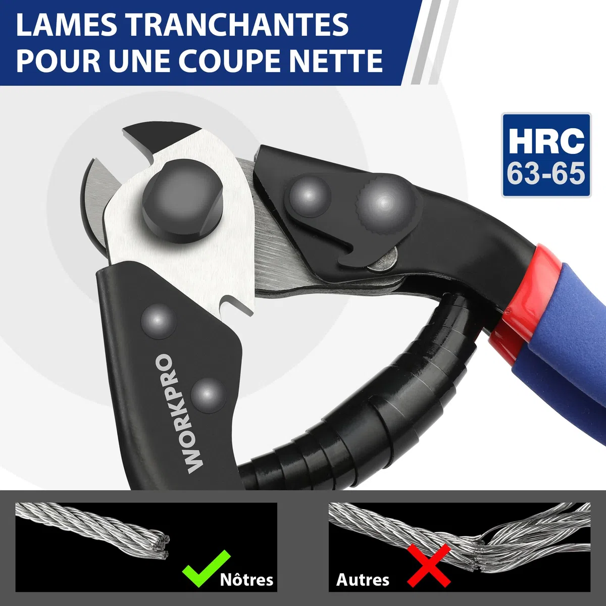 WORKPRO Pince Coupe-Câbles Forgé 190mm, Pince Coupante de Câble Métalliques, Mâchoire Durcie en Cr-V, Couper des Fils d'Acier Jusqu'à 6,5mm, Câbles, Cordes, Fils d'acier, Ressorts