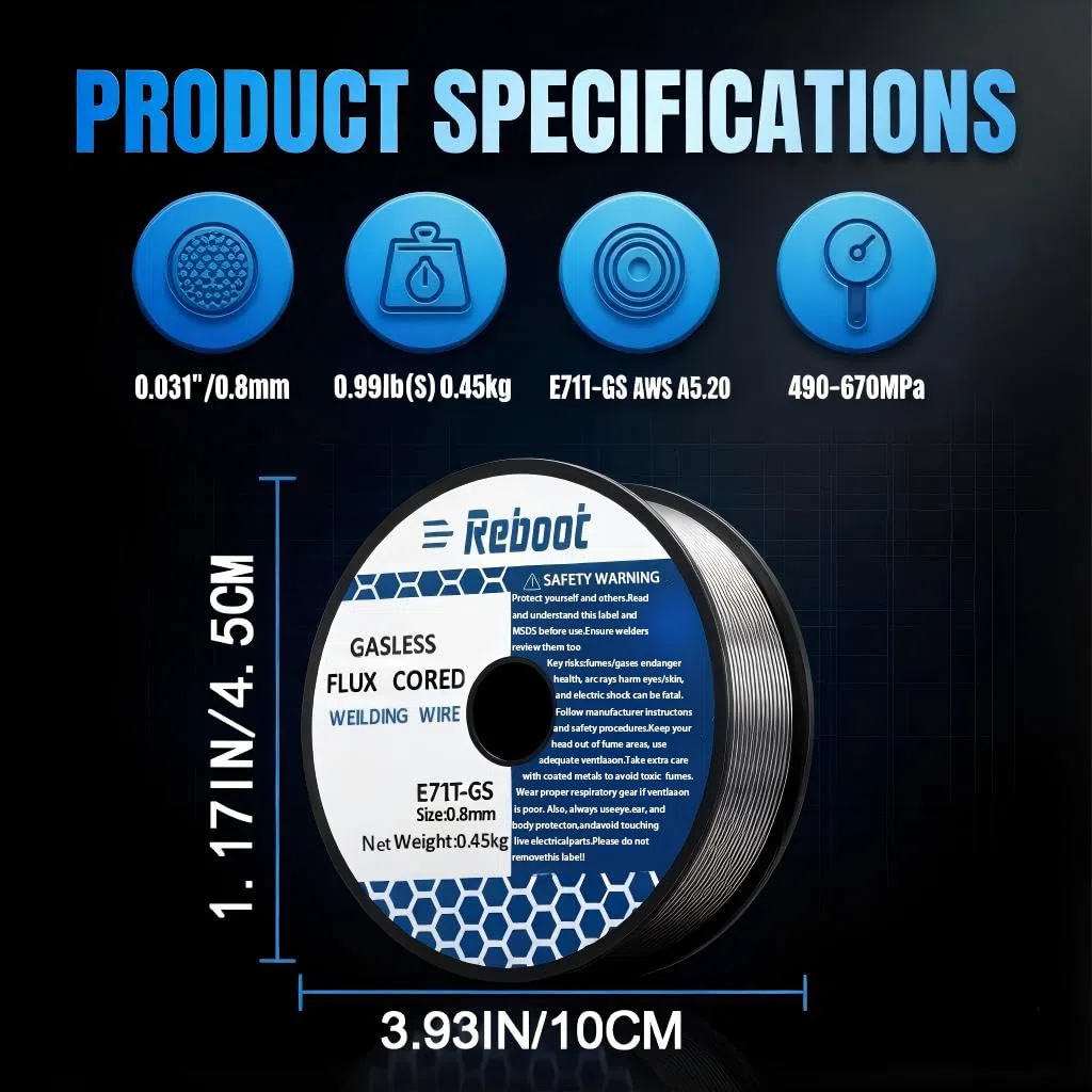 Reboot Fil Fourré Sans Gaz 0,8 mm E71T-GS – Flux Auto-protégé pour MIG/MAG, Faible Projections, Toutes Positions & Extérieur, 0,45 kg