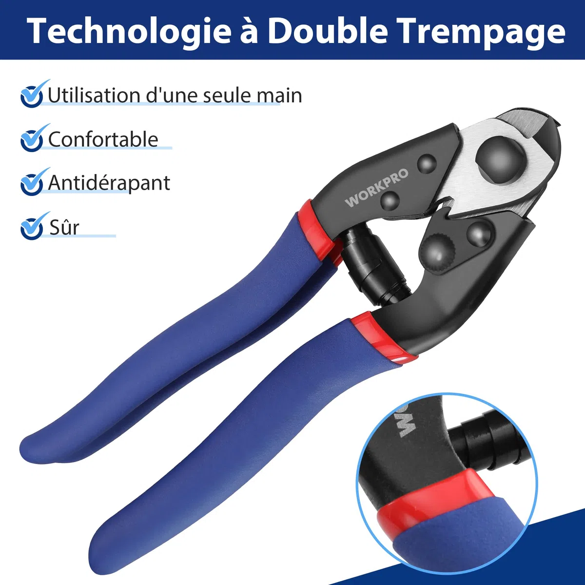 WORKPRO Pince Coupe-Câbles Forgé 190mm, Pince Coupante de Câble Métalliques, Mâchoire Durcie en Cr-V, Couper des Fils d'Acier Jusqu'à 6,5mm, Câbles, Cordes, Fils d'acier, Ressorts