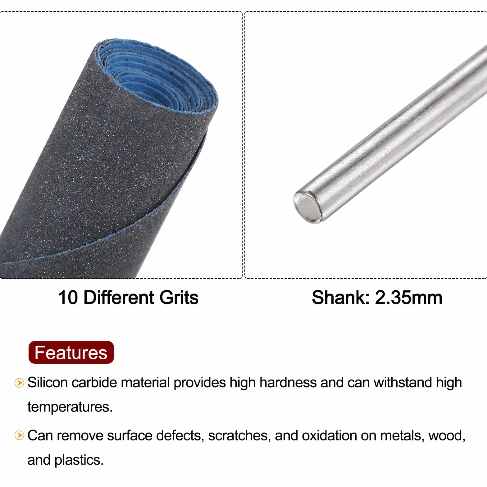 QUARKZMAN Kit de 10 Rouleaux de Papier Abrasif Grain 180-2000, Tige de 2,35 mm, Manchons de Tambour de Ponçage, Tête de Meulage Cylindrique Pour Le Travail Du Bois Verre Polissage Métaux