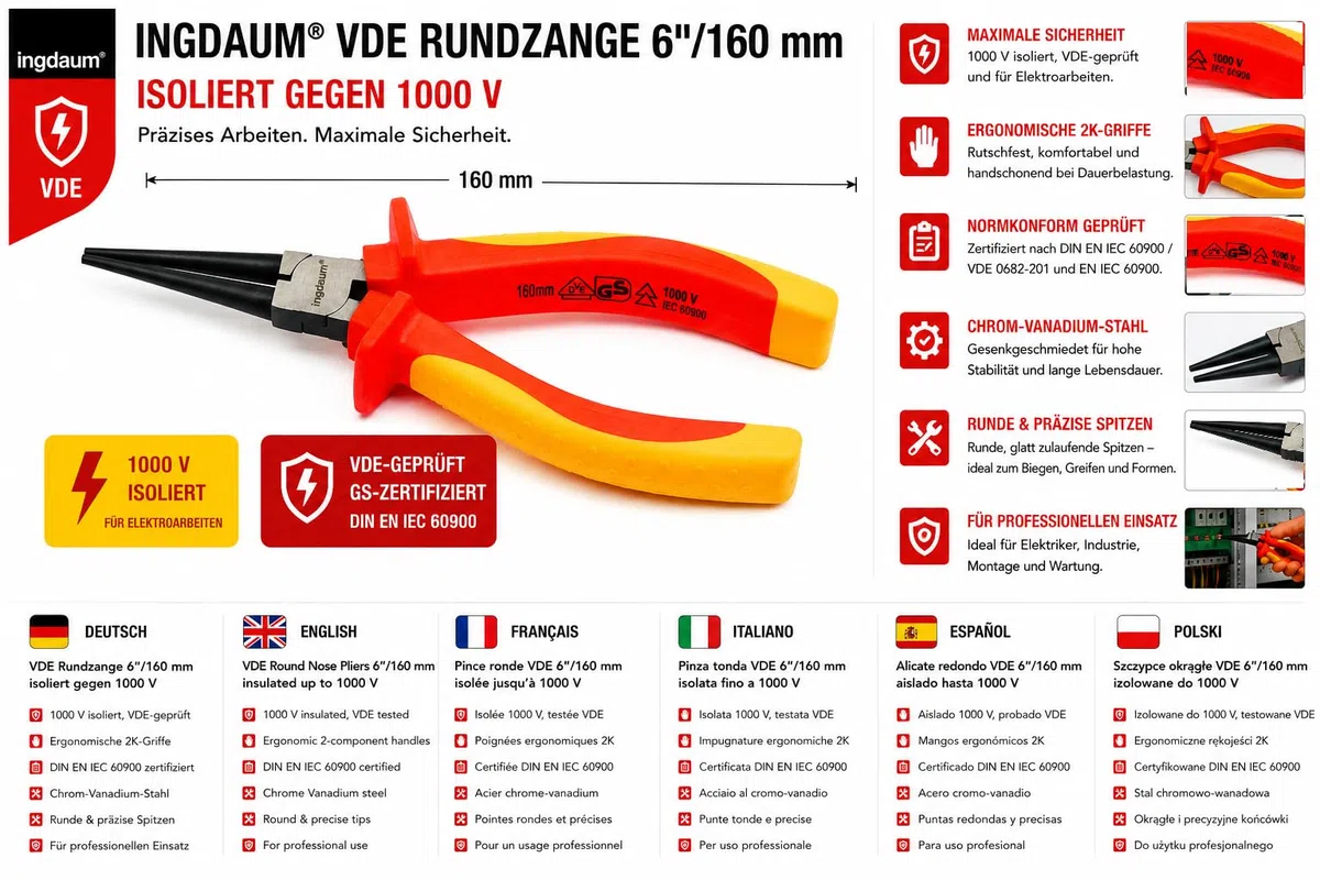 Pince VDE à becs ronds 6" pour électricien isolée 1000 V | Testée VDE, Certifiée GS selon DIN EN IEC 60900, Acier chrome-vanadium, Poignées ergonomiques bi-matière