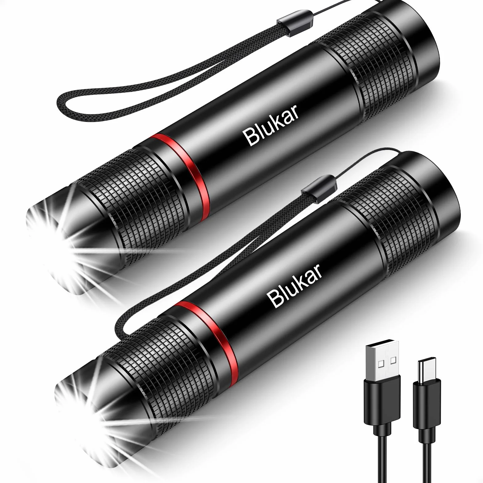 Blukar Lampe Torche LED Rechargeable, [Lot de 2] 2000LM Lampe de Poche LED Ultra Puissante en Aluminium, 4 Modes d'éclairage & Zoomable, Étanche & Longue Durée pour Camping/Randonnée/Urgence