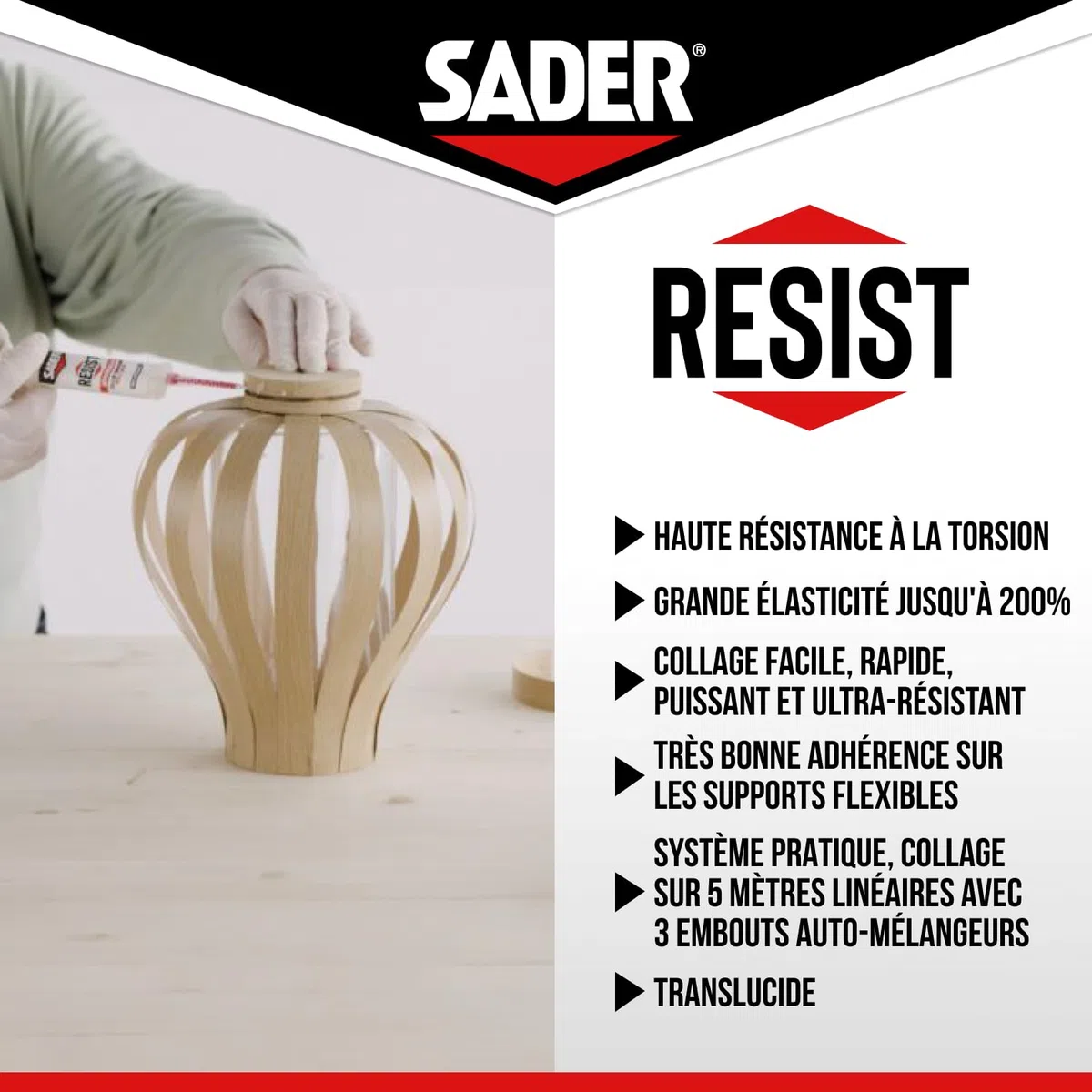 Sader Resist Flex – Colle Bi-Composants – Colle de Réparation Tout Support – Intérieur/Extérieur – Couleur : Translucide – 1 Seringue de 10 g (+ 3 embouts mélangeurs)