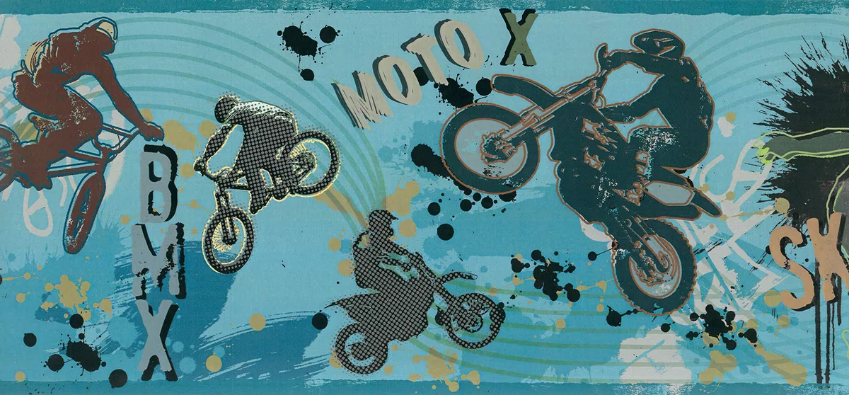 Dundee Deco BD6294 Frise de Papier Peint, Frise Murale, Bordure de papier peint précollé Motif motos sportives Bleu vert, jaune Taille rétro 4,57 m x 20,32 cm