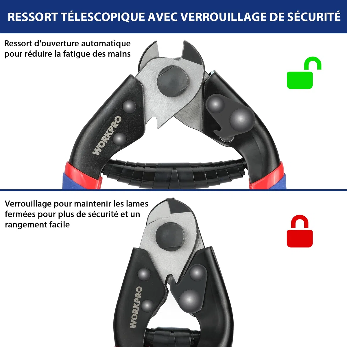 WORKPRO Pince Coupe-Câbles Forgé 190mm, Pince Coupante de Câble Métalliques, Mâchoire Durcie en Cr-V, Couper des Fils d'Acier Jusqu'à 6,5mm, Câbles, Cordes, Fils d'acier, Ressorts