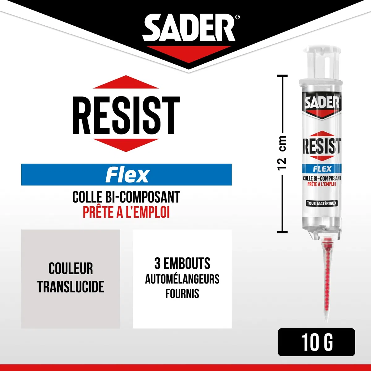 Sader Resist Flex – Colle Bi-Composants – Colle de Réparation Tout Support – Intérieur/Extérieur – Couleur : Translucide – 1 Seringue de 10 g (+ 3 embouts mélangeurs)