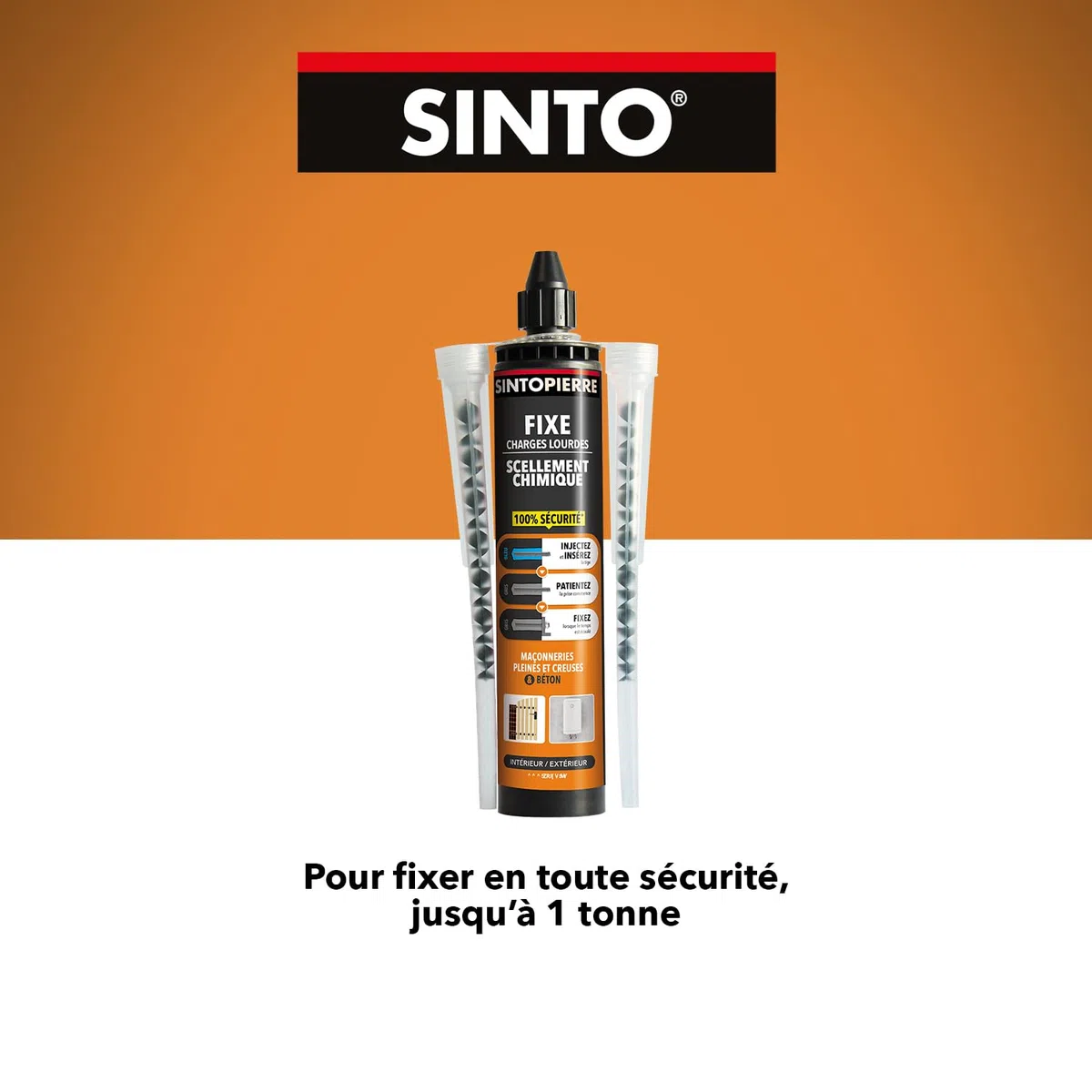 SINTO Scellement chimique 300ml | Fixe et scelle les charges lourdes, pierre matériaux creux et pleins, simple d'utilisation, témoin de pose, béton et brique
