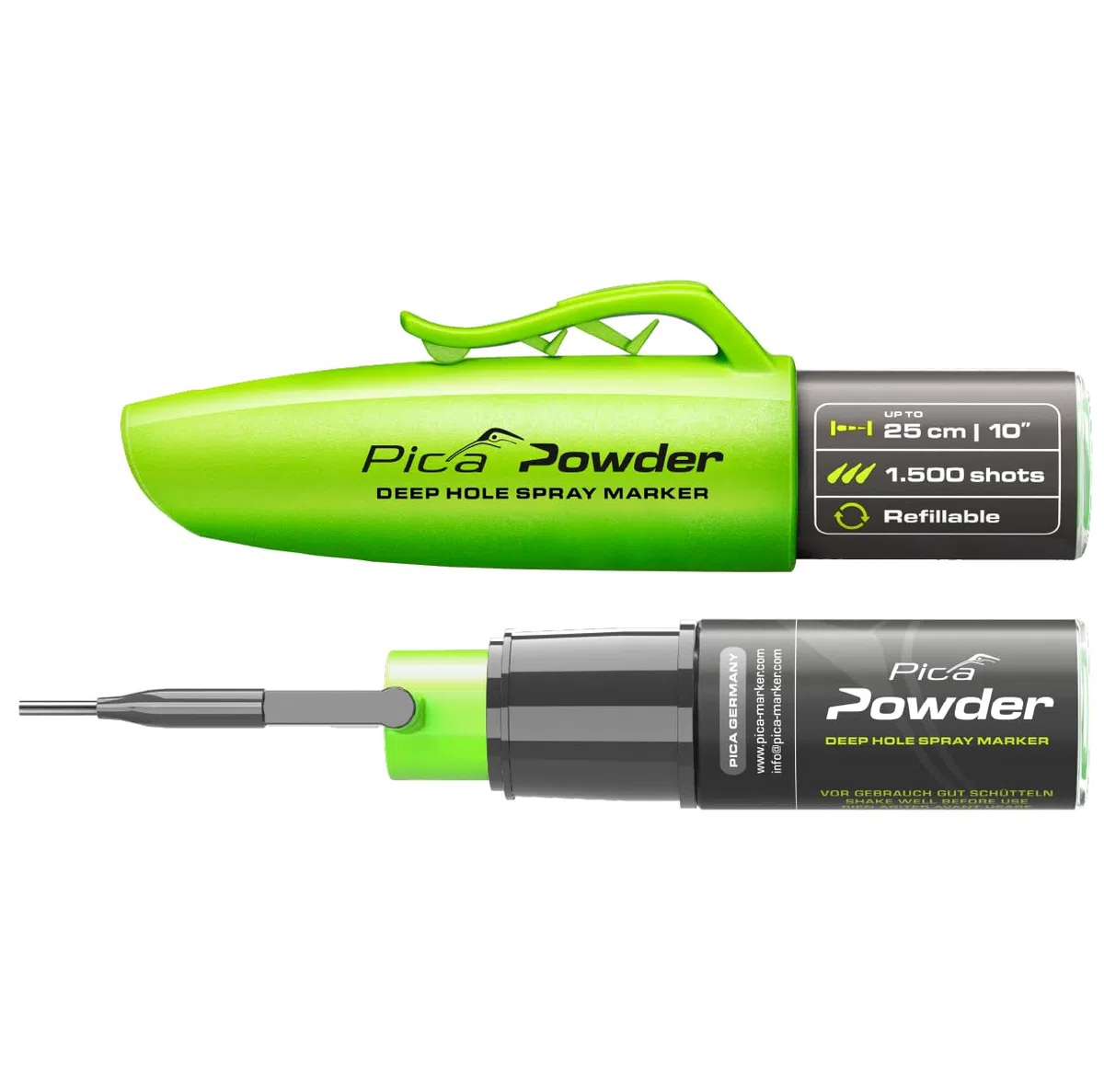 Pica Spraymarker Powder 2020 Vert I Marqueur fluorescent pour perçage et trous profonds jusqu'à 250 mm I Marqueur rechargeable avec jusqu'à 1500 coups I Outil pour artisans pour la construction