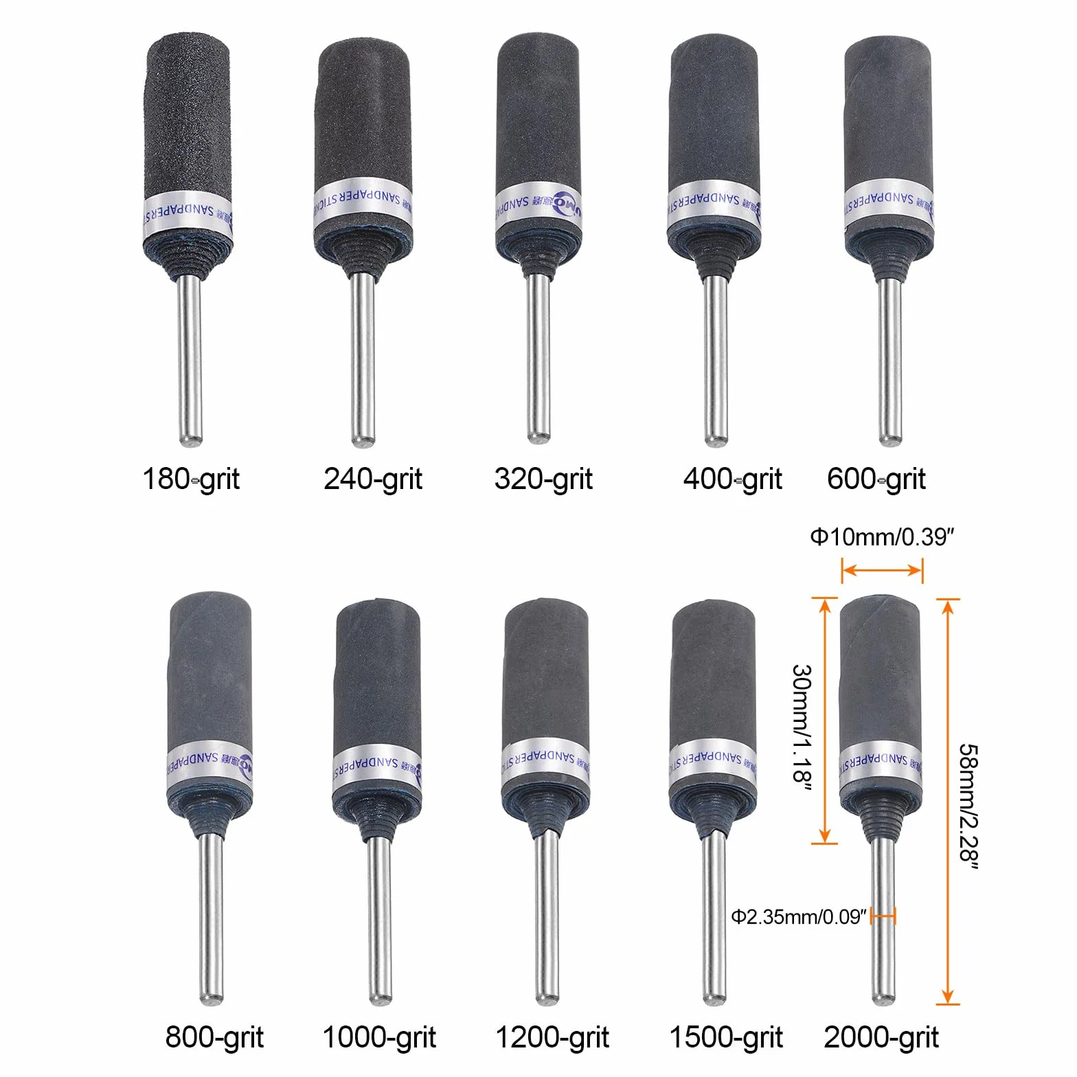 QUARKZMAN Kit de 10 Rouleaux de Papier Abrasif Grain 180-2000, Tige de 2,35 mm, Manchons de Tambour de Ponçage, Tête de Meulage Cylindrique Pour Le Travail Du Bois Verre Polissage Métaux