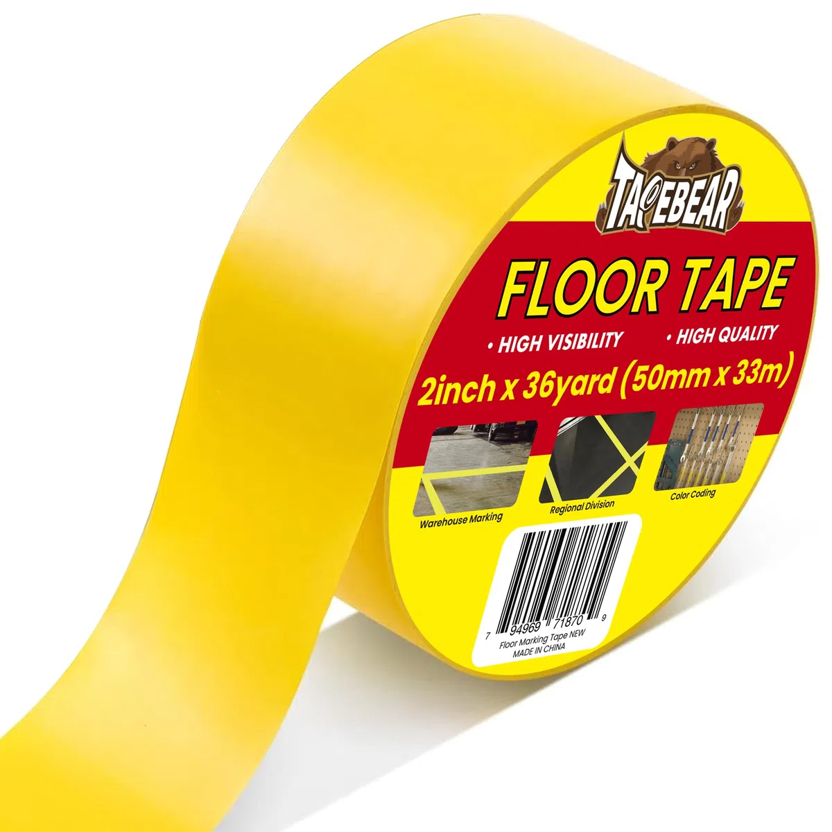 TAPEBEAR Ruban de Sol Jaune - 50mm x 33m, Ruban Vinyle Sécurité Anti-Dérapant pour Marquage (Entrepôt, Gym, Chantiers)